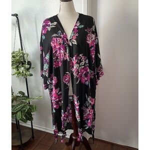 PW Black Floral Kimono Duster L /XL Open Front Boho Cottagecore Fairy Prairie